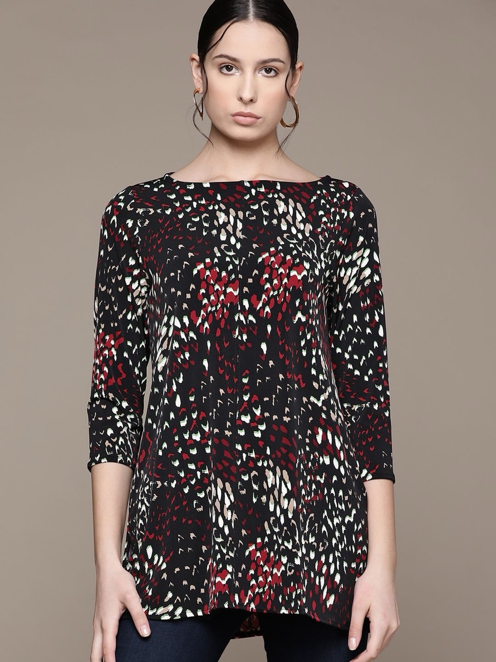 Alfani Women's Black Patterned Boatneck Tunic Top Size L